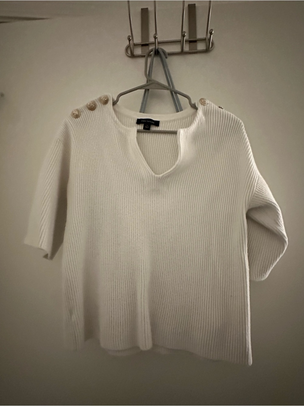 White Ribbed Knit Sweater with Shoulder Buttons - Anne Taylor